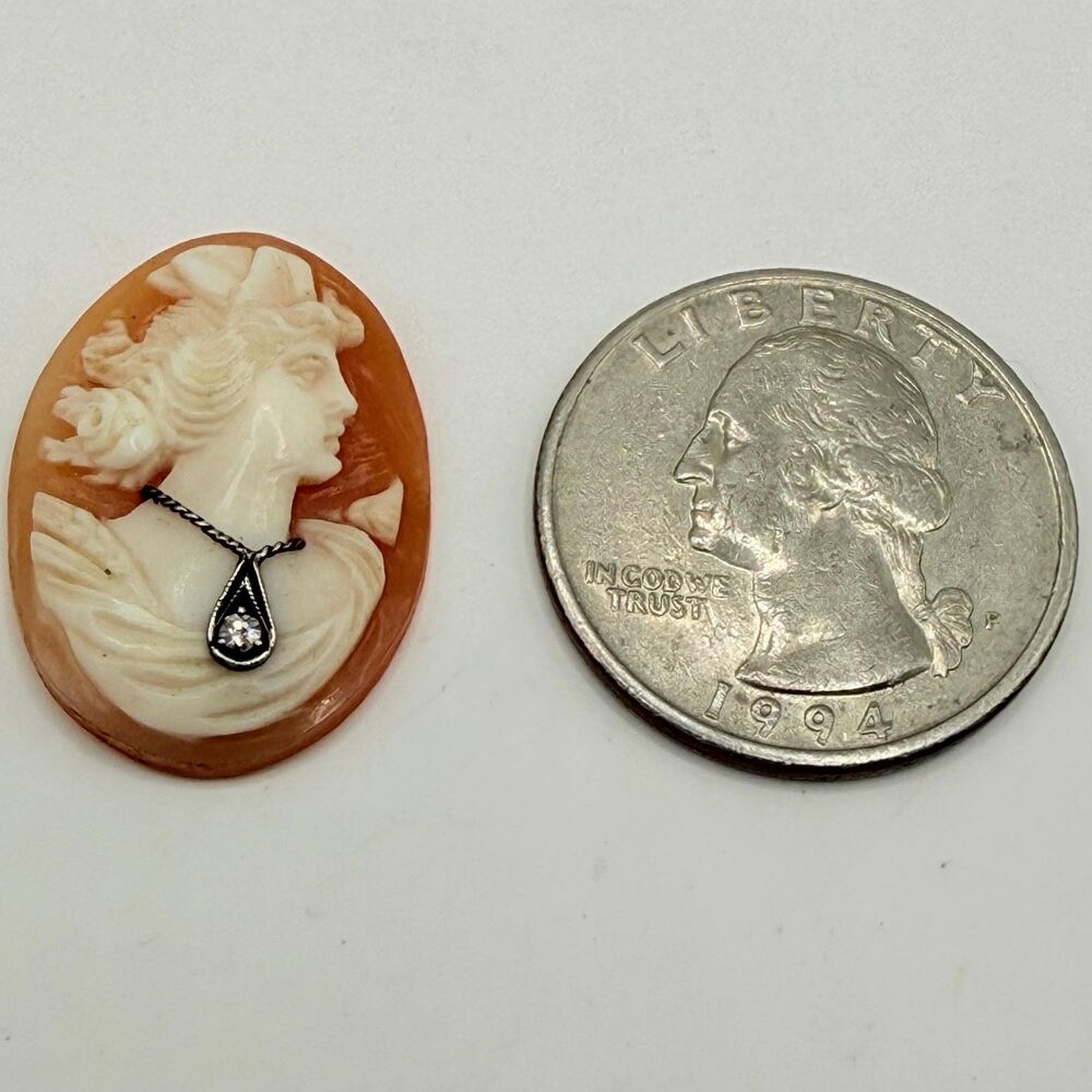Signed Hand Carved Italian Shell Habill Cameo Genuine Diamond Necklace Loos View 5